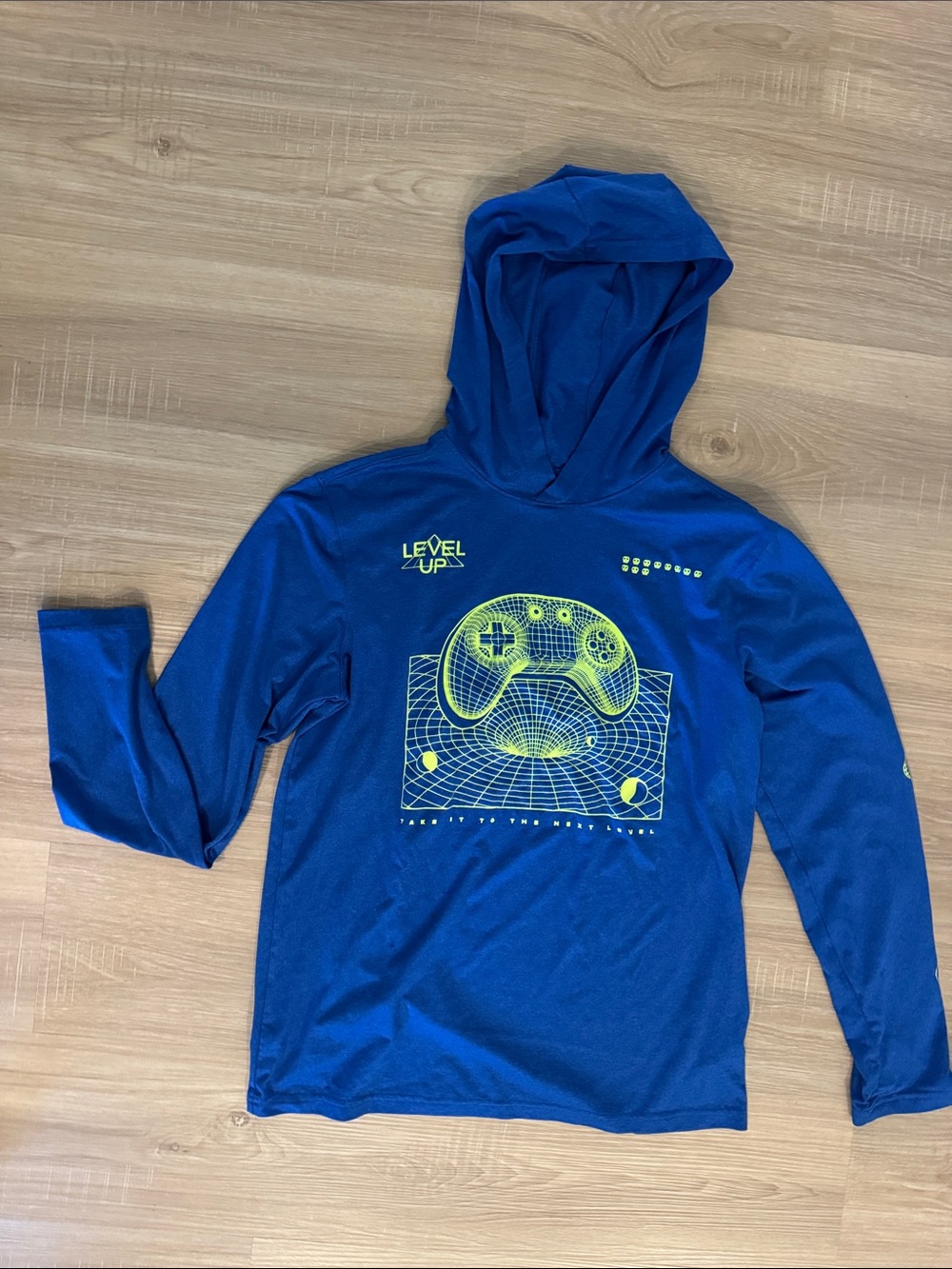 Old Navy Royal Blue Hoodie with Neon Green Graphic Gamer Level UP XL 14-16